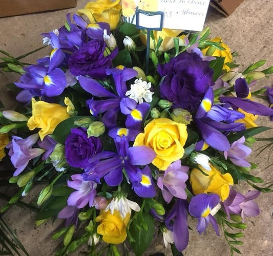 Purple & Yellow Funeral Posy Arrangement